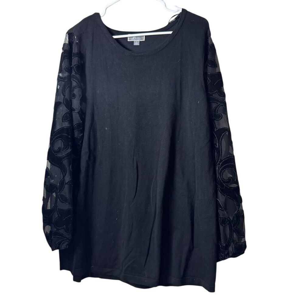 JM Collection Black Knit Top Velvet Scroll Mesh Sleeve Sweater Large‎